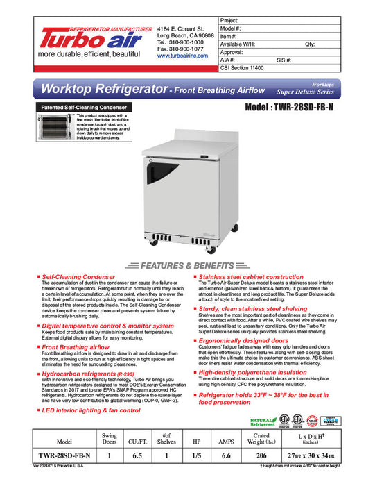 Turbo Air TWR-28SD-FB-N 27 1/2" Super Deluxe Worktop Refrigerator w/ (1) Section, 1 Solid Door, Front Breathing - Donut-Supplies.Com