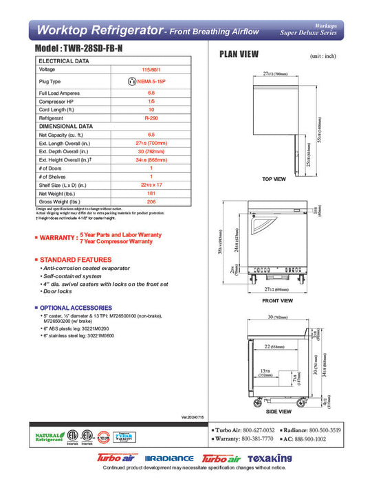 Turbo Air TWR-28SD-FB-N 27 1/2" Super Deluxe Worktop Refrigerator w/ (1) Section, 1 Solid Door, Front Breathing - Donut-Supplies.Com