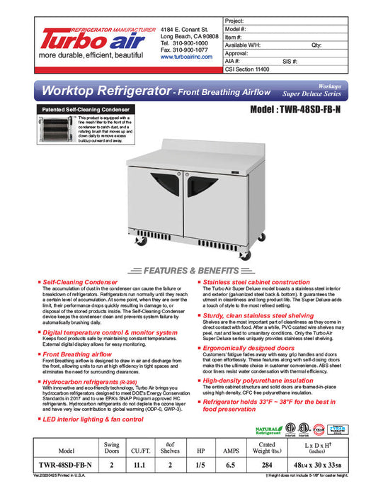 Turbo Air TWR-48SD-FB-N 48 1/4" Super Deluxe Worktop Refrigerator w/ (2) Sections, 2 Solid Doors, Front Breathing - Donut-Supplies.Com