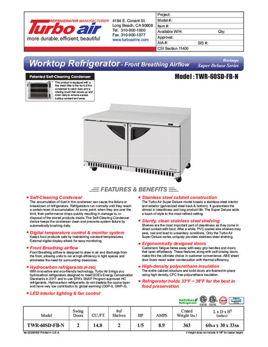 Turbo Air TWR-60SD-FB-N 60 1/4" Super Deluxe Worktop Refrigerator w/ (2) Sections, 2 Solid Doors, Front Breathing - Donut-Supplies.Com