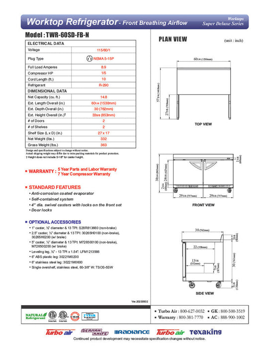 Turbo Air TWR-60SD-FB-N 60 1/4" Super Deluxe Worktop Refrigerator w/ (2) Sections, 2 Solid Doors, Front Breathing - Donut-Supplies.Com