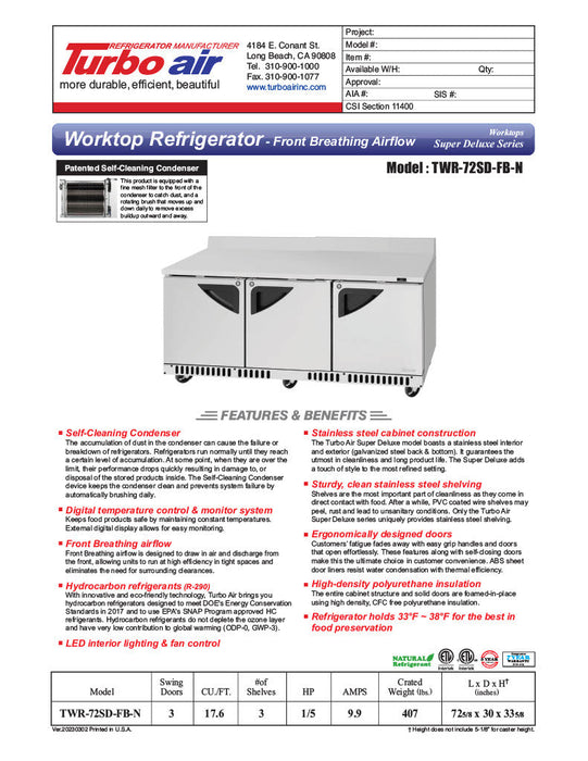 Turbo Air TWR-72SD-FB-N 72 5/8" Super Deluxe Worktop Refrigerator w/ (3) Sections, 3 Solid Doors, Front Breathing - Donut-Supplies.Com