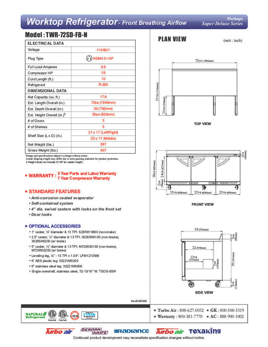 Turbo Air TWR-72SD-FB-N 72 5/8" Super Deluxe Worktop Refrigerator w/ (3) Sections, 3 Solid Doors, Front Breathing - Donut-Supplies.Com