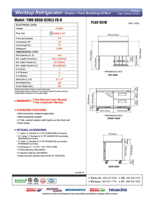 Turbo Air TWR-28SD-FB-N 27 1/2" Super Deluxe Worktop Refrigerator w/ (1) Section, 1 Solid Door, Front Breathing - Donut-Supplies.Com