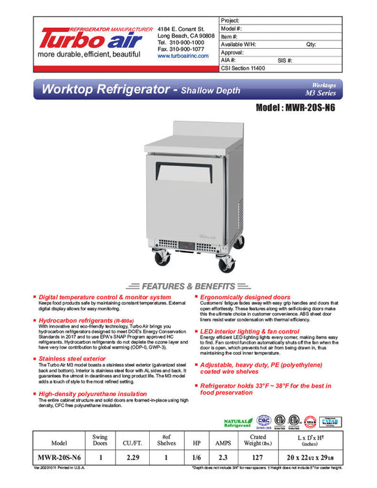 Turbo Air MWR-20S-N6 M3 Series 20" Shallow Depth Undercounter Worktop Refrigerator w/ (1) Section, 1 Solid Door - Donut-Supplies.Com