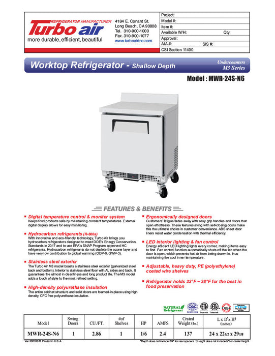 Turbo Air MWR-24S-N6 M3 Series 24" Shallow Depth Undercounter Worktop Refrigerator w/ (1) Section, 1 Solid Door - Donut-Supplies.Com