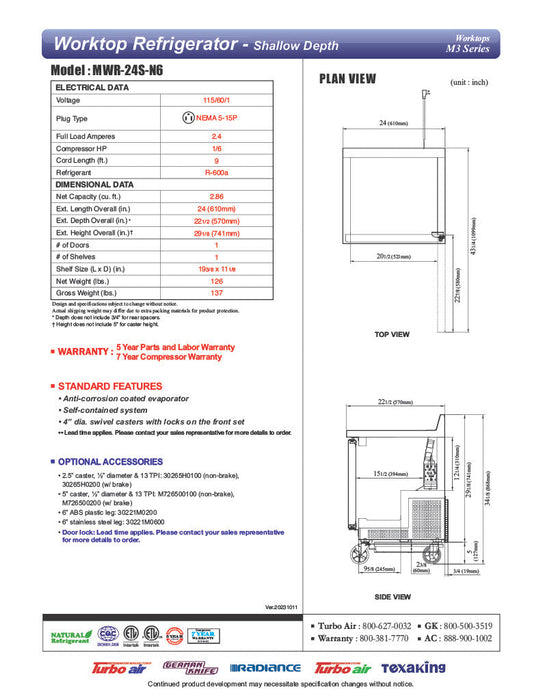 Turbo Air MWR-24S-N6 M3 Series 24" Shallow Depth Undercounter Worktop Refrigerator w/ (1) Section, 1 Solid Door - Donut-Supplies.Com
