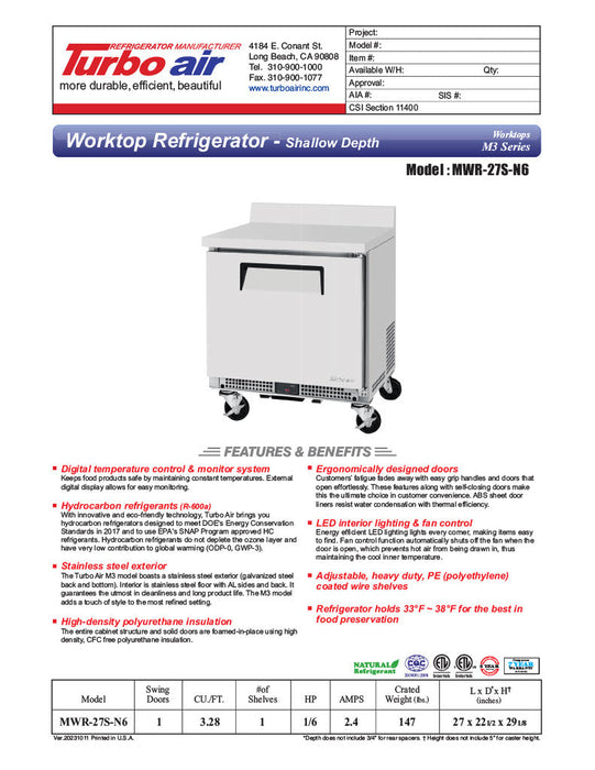 Turbo Air MWR-27S-N6 M3 Series 27" Shallow Depth Undercounter Worktop Refrigerator w/ (1) Section, 1 Solid Door - Donut-Supplies.Com