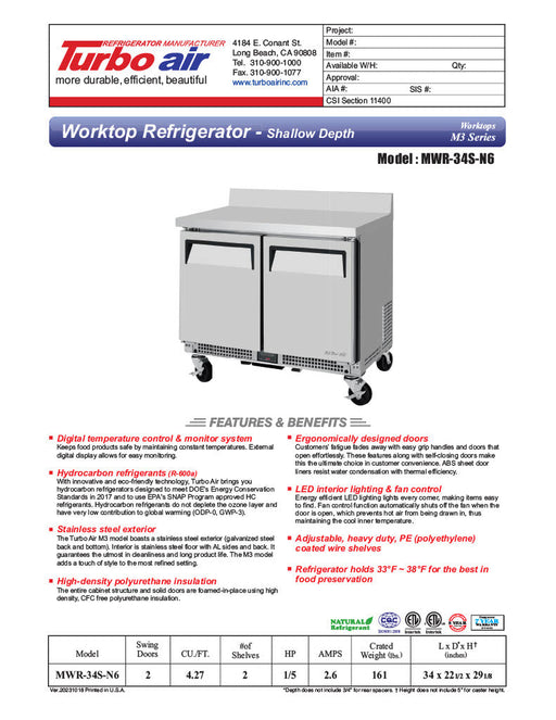 Turbo Air MWR-34S-N6 M3 Series 34" Shallow Depth Undercounter Worktop Refrigerator w/ (2) Section, 2 Solid Door - Donut-Supplies.Com