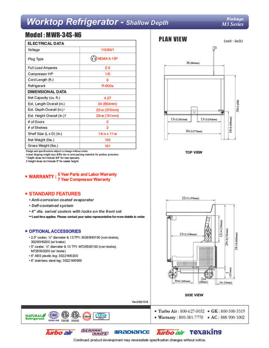 Turbo Air MWR-34S-N6 M3 Series 34" Shallow Depth Undercounter Worktop Refrigerator w/ (2) Section, 2 Solid Door - Donut-Supplies.Com