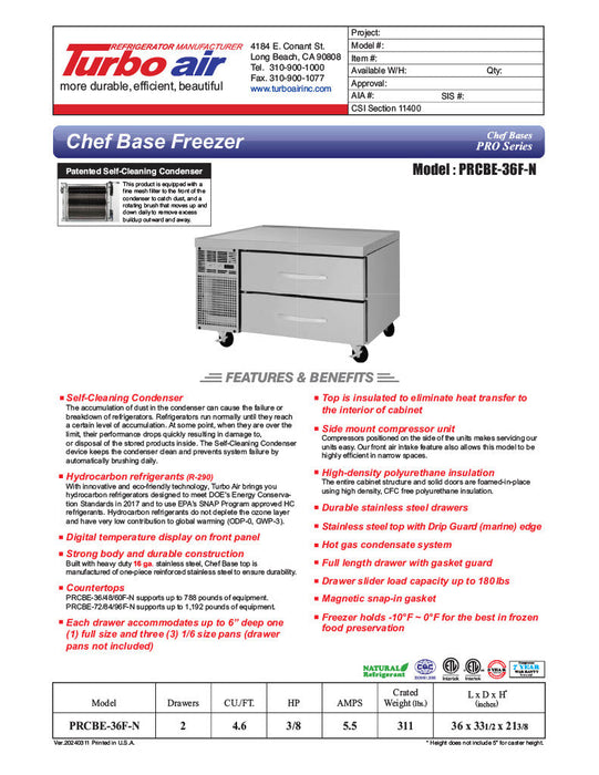 Turbo Air PRCBE-36F-N 36" PRO Series Chef Base Freezer w/ (2) Drawers - 115v - Donut-Supplies.Com