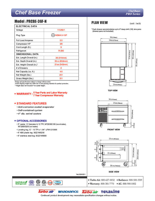 Turbo Air PRCBE-36F-N 36" PRO Series Chef Base Freezer w/ (2) Drawers - 115v - Donut-Supplies.Com