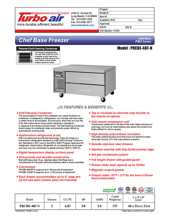 Turbo Air PRCBE-48F-N 48" PRO Series Chef Base Freezer w/ (2) Drawers - 115v - Donut-Supplies.Com