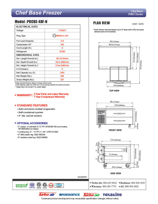 Turbo Air PRCBE-48F-N 48" PRO Series Chef Base Freezer w/ (2) Drawers - 115v - Donut-Supplies.Com