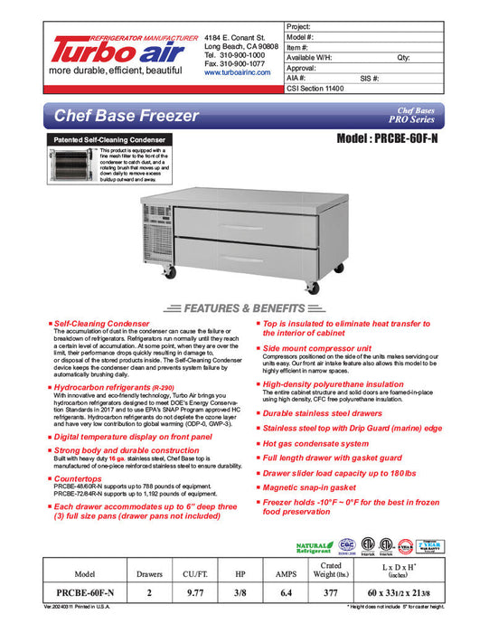 Turbo Air PRCBE-60F-N 60" PRO Series Chef Base Freezer w/ (4) Drawers – 115v - Donut-Supplies.Com