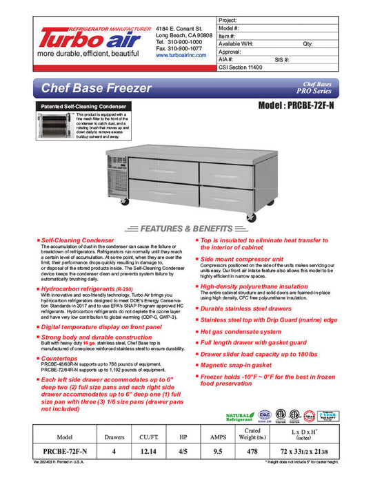 Turbo Air PRCBE-72F-N 72" PRO Series Chef Base Freezer w/ (4) Drawers – 115v - Donut-Supplies.Com