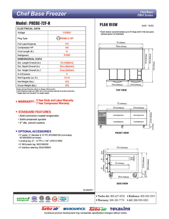 Turbo Air PRCBE-72F-N 72" PRO Series Chef Base Freezer w/ (4) Drawers – 115v - Donut-Supplies.Com