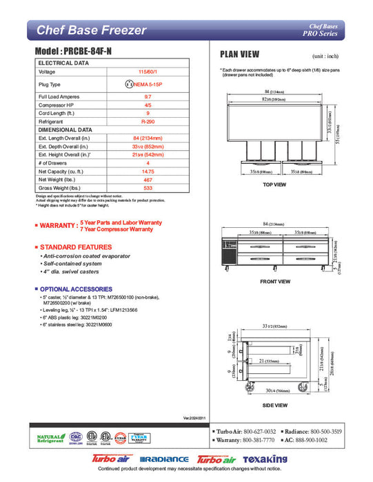 Turbo Air PRCBE-84F-N 84" PRO Series Chef Base Freezer w/ (4) Drawers – 115v - Donut-Supplies.Com