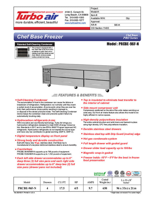 Turbo Air PRCBE-96F-N 96" PRO Series Chef Base Freezer w/ (4) Drawers – 115v - Donut-Supplies.Com