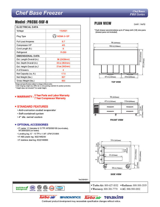 Turbo Air PRCBE-96F-N 96" PRO Series Chef Base Freezer w/ (4) Drawers – 115v - Donut-Supplies.Com