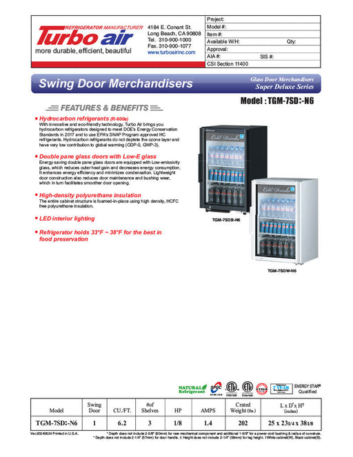 Turbo Air TGM-7SDB-N6 25" Black Super Deluxe Countertop Refrigerator w/ Glass Swing Door – Front Access, LED Lighting, 115v - Donut-Supplies.Com