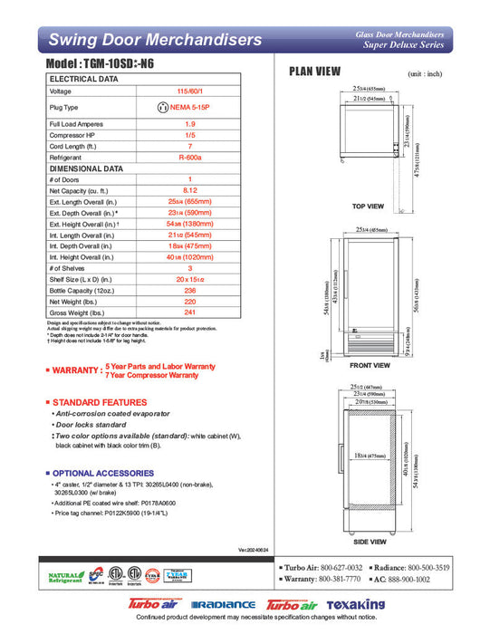 Turbo Air TGM-10SDB-N6 26" Black Super Deluxe Countertop Refrigerator w/ Glass Swing Door – Front Access, LED Lighting, 115v - Donut-Supplies.Com