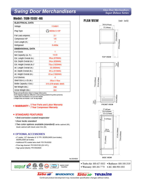 Turbo Air TGM-15SD-N6 27" White Super Deluxe Countertop Refrigerator w/ Glass Swing Door – LED Lighting, Front Access, 115v - Donut-Supplies.Com