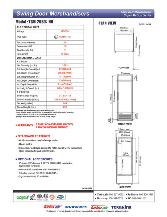Turbo Air TGM-20SD-N6 27" White Super Deluxe Countertop Refrigerator w/ Glass Swing Door – LED Lighting, Front Access, 115v - Donut-Supplies.Com