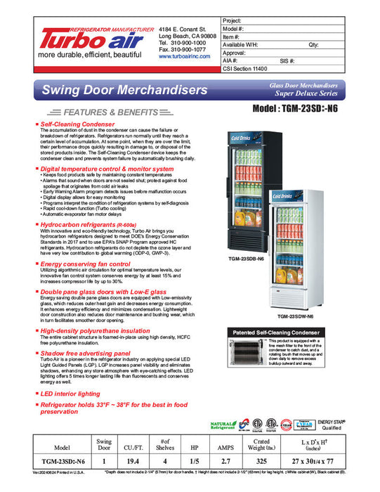 Turbo Air TGM-23SDB-N6 27" Black Super Deluxe Glass Door Refrigerator – LED Lighting, Front Access, Swing Door, 115v - Donut-Supplies.Com