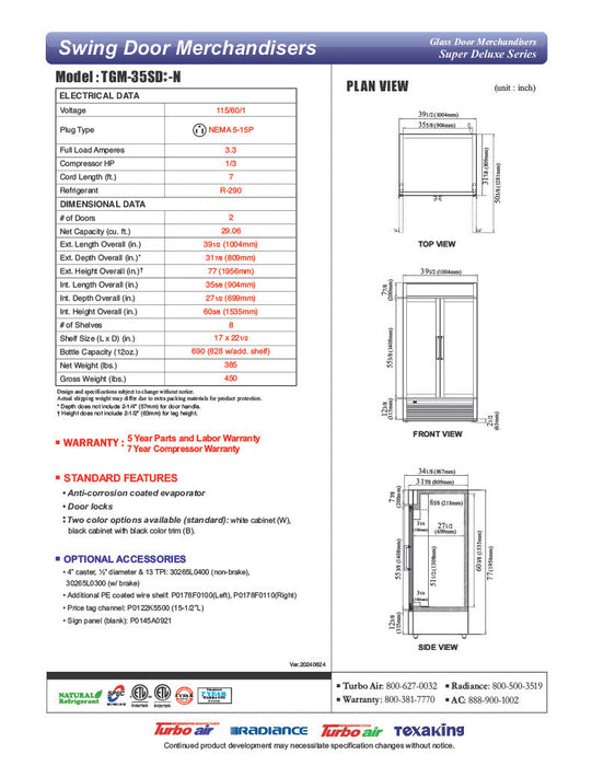 Turbo Air TGM-35SD-N 39 1/2" White Super Deluxe Glass Door Refrigerator – Two Swing Doors, LED Lighting, 115v - Donut-Supplies.Com