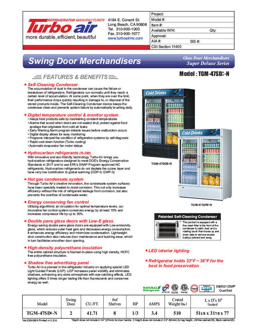 Turbo Air TGM-47SD-N 51" White Super Deluxe Glass Door Refrigerator – Two Swing Doors, Energy-Efficient LED Lighting, 115v - Donut-Supplies.Com