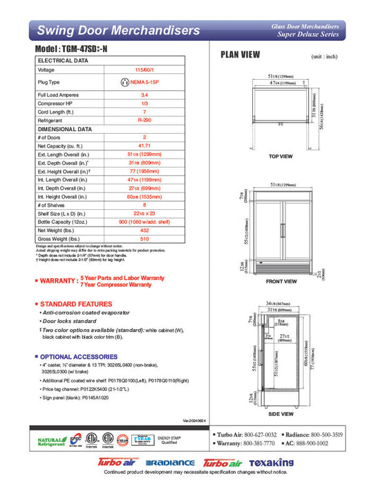 Turbo Air TGM-47SD-N 51" White Super Deluxe Glass Door Refrigerator – Two Swing Doors, Energy-Efficient LED Lighting, 115v - Donut-Supplies.Com