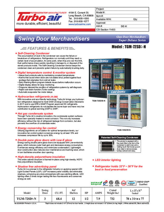 Turbo Air TGM-72SD-N 78" White Super Deluxe Glass Door Refrigerator – Three Swing Doors, LED Lighting, 115v - Donut-Supplies.Com
