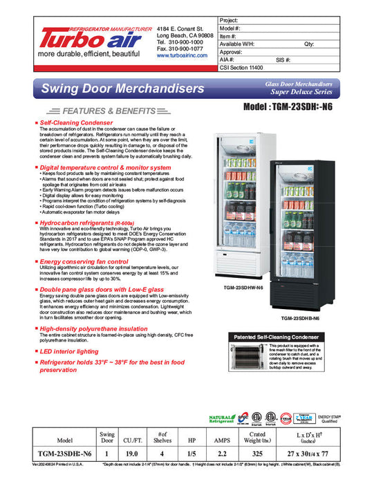 Turbo Air TGM-23SDH-N6 27" White Super Deluxe Glass Door Refrigerator – Hinged Door, LED Lighting, 115v - Donut-Supplies.Com
