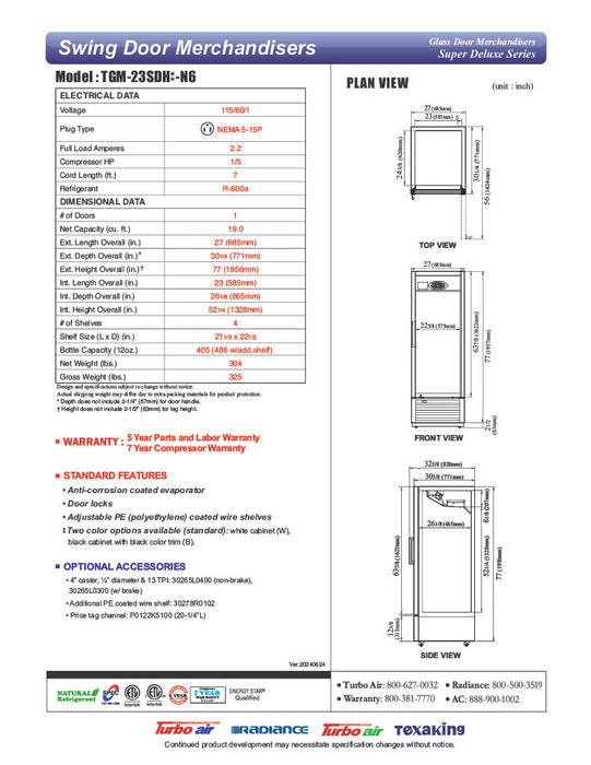 Turbo Air TGM-23SDH-N6 27" White Super Deluxe Glass Door Refrigerator – Hinged Door, LED Lighting, 115v - Donut-Supplies.Com