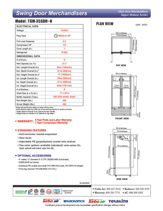 Turbo Air TGM-35SDH-N 39 1/2" White Super Deluxe Two Section Glass Door Merchandiser – (2) Left/Right Hinge Doors, 115v - Donut-Supplies.Com
