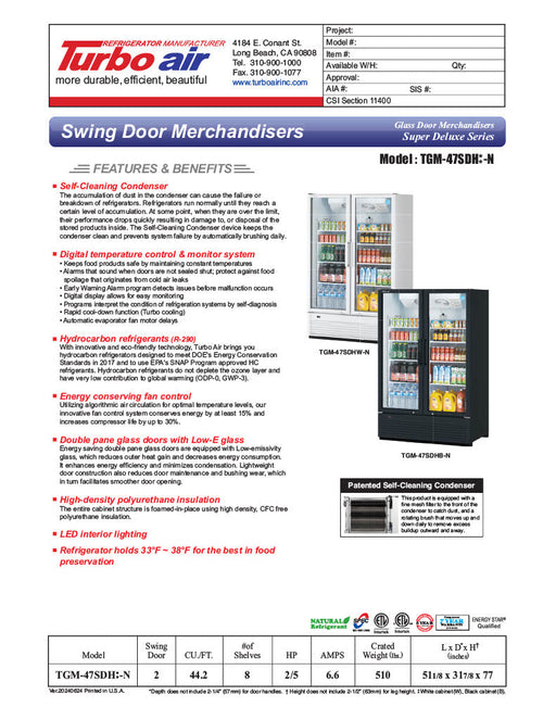 Turbo Air TGM-47SDH-N 51" White Super Deluxe Two Section Glass Door Merchandiser – (2) Left/Right Hinge Doors, 115v - Donut-Supplies.Com