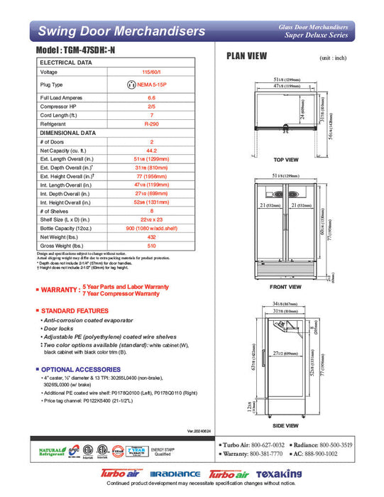 Turbo Air TGM-47SDH-N 51" White Super Deluxe Two Section Glass Door Merchandiser – (2) Left/Right Hinge Doors, 115v - Donut-Supplies.Com