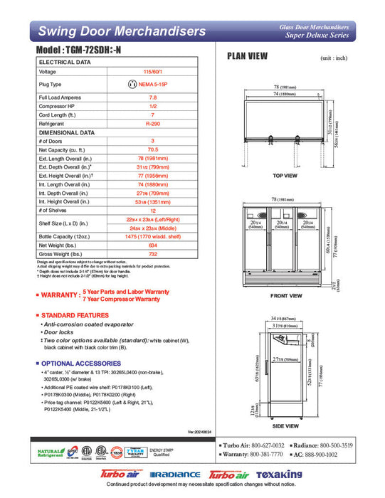 Turbo Air TGM-72SDHB-N 78" Black Super Deluxe Three Section Glass Door Merchandiser – (3) Left/Right Hinge Doors, 115v - Donut-Supplies.Com