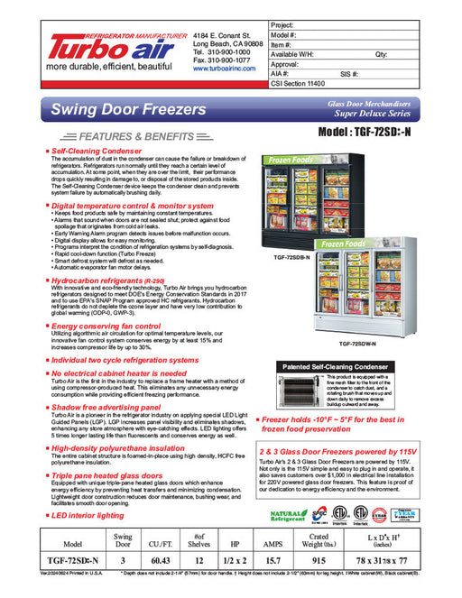 Turbo Air TGF-72SDB-N 78" Black Super Deluxe Three Section Display Freezer – (3) Swing Doors, LED Lighting, 115v - Donut-Supplies.Com