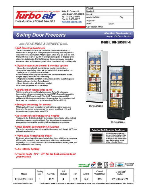 Turbo Air TGF-23SDH-N 27" White Super Deluxe One Section Glass Door Display Freezer – Hinged Door, LED Lighting, 115v - Donut-Supplies.Com