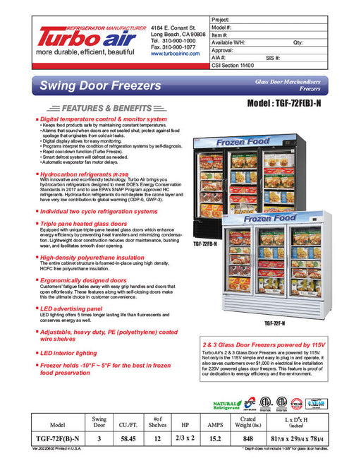 Turbo Air TGF-72FB-N 81 7/8" Three Section Display Freezer w/ Swing Doors - Bottom Mount Compressor, Black, 115v - Donut-Supplies.Com