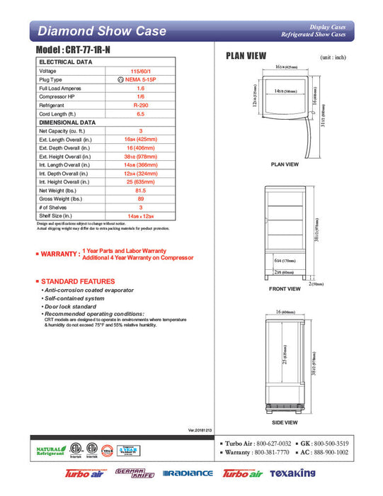 Turbo Air CRT-77-1R-N 17" Diamond Series Glass Sided Countertop Display Refrigerator – One Section, Rear Access, LED Lighting, 115v - Donut-Supplies.Com