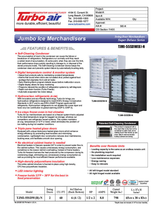 Turbo Air TJMI-55SDW-N 65 1/8" White Indoor Ice Merchandiser w/ Glass Door – Bottom Mount Compressor, 115v - Donut-Supplies.Com