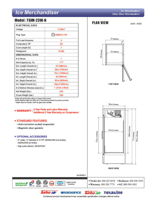 Turbo Air TGIM-23W-N 27" Indoor Ice Merchandiser w/ Bottom Mount Compressor - Glass Door, 115v - Donut-Supplies.Com