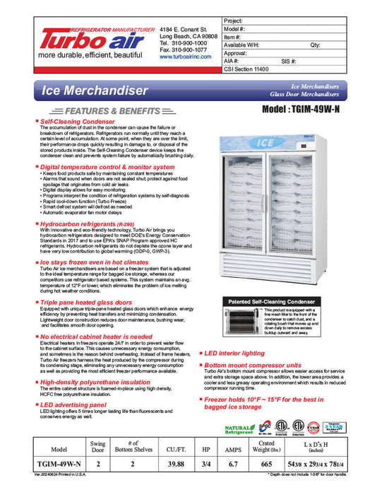 Turbo Air TGIM-49W-N 54" Indoor Ice Merchandiser w/ Bottom Mount Compressor - Glass Door, 115v - Donut-Supplies.Com
