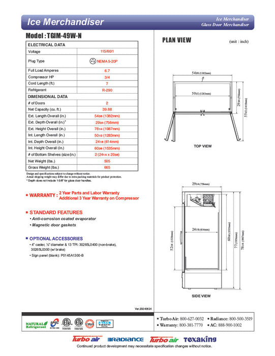 Turbo Air TGIM-49W-N 54" Indoor Ice Merchandiser w/ Bottom Mount Compressor - Glass Door, 115v - Donut-Supplies.Com