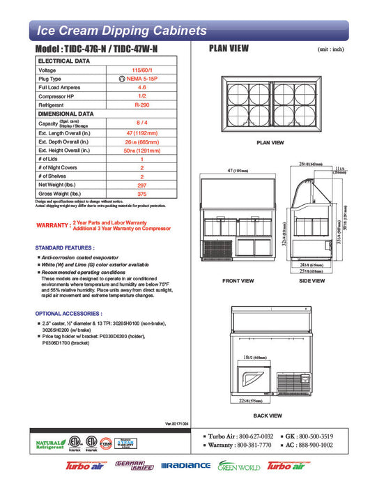 Turbo Air TIDC-47W-N 47" Stand Alone Ice Cream Freezer w/ 8 Tub Capacity - White, 115v - Donut-Supplies.Com