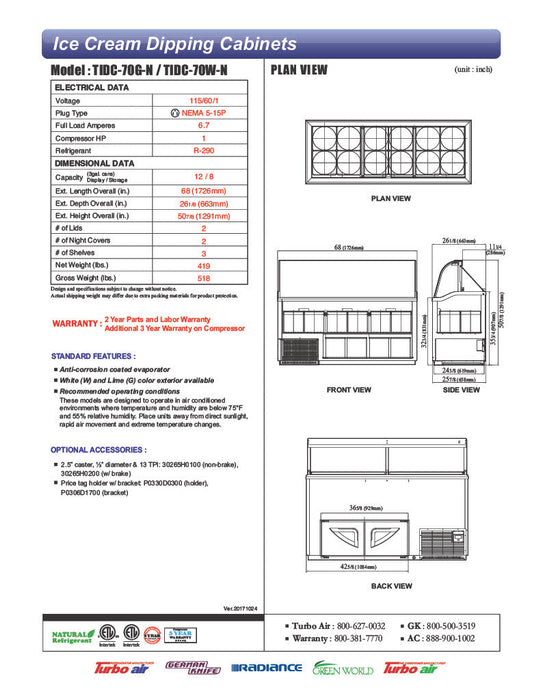 Turbo Air TIDC-70W-N 68" Stand Alone Ice Cream Freezer w/ 12 Tub Capacity - White, 115v - Donut-Supplies.Com