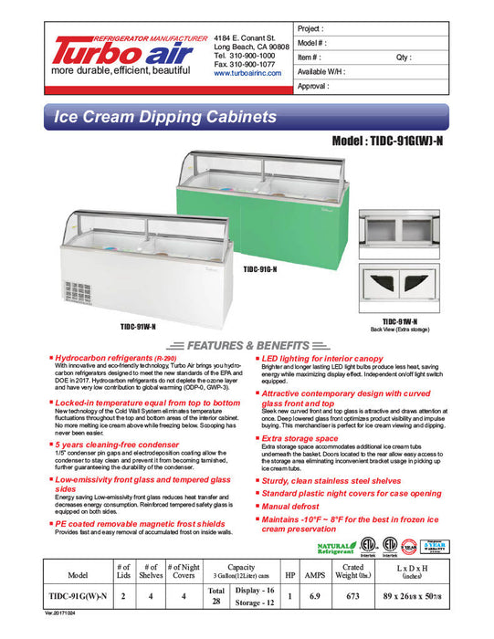 Turbo Air TIDC-91W-N 89" Stand-Alone Ice Cream Freezer w/ (16) 3 gal Tub Capacity - White, 115v - Donut-Supplies.Com